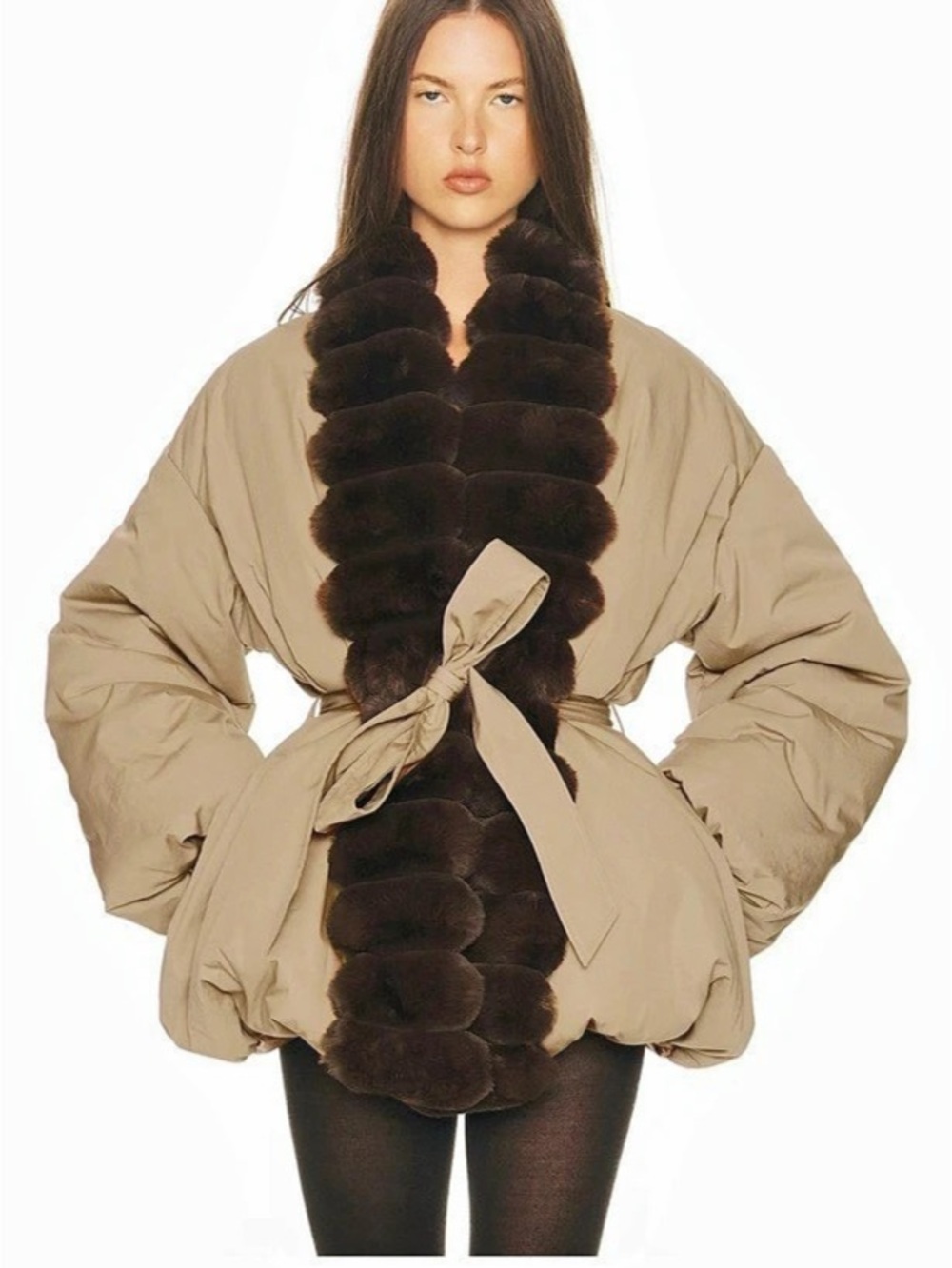 NWT Helsa Bubble Puffer With Faux Fur Jacket, Brown & Beige